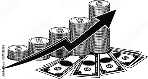 Financial growth concept, rising coins and dollar bills, upward arrow, investment and profit symbol - flat vector illustration