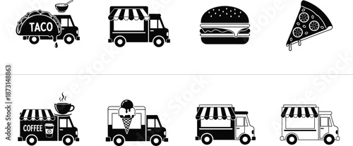 Food truck icons, taco, coffee, ice cream, pizza, burger, street food symbols, black and white vector, flat design illustration