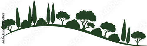  Tree landscape silhouette, coniferous and deciduous forest on hill, nature and environment concept - flat vector illustration