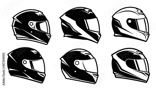 Collection of six motorcycle helmets in black and white, showcasing various designs and styles for riders.