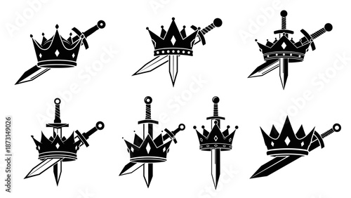 Set of black and white crown and sword illustrations.