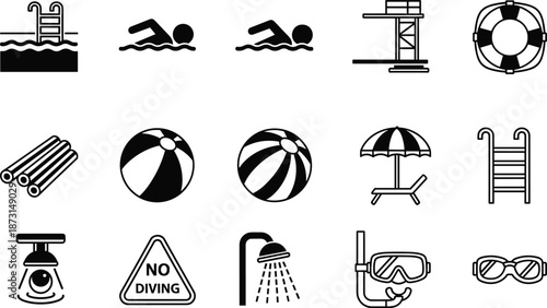 Swimming pool icon set, water safety symbols, beach gear, plastic-free signage, black and white vector, flat design illustration