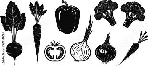 Vegetable icon set, beetroot, carrot, onion, tomato, broccoli, bell pepper, black and white vector, flat design illustration