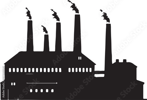 Industrial factory building with smokestacks emitting smoke isolated on transparent background