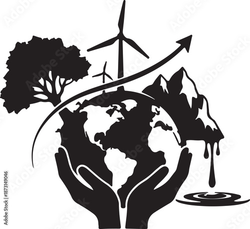 Hands holding earth with wind turbines and mountains  ecofriendly concept illustration