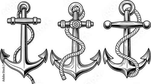 Anchor icon set, nautical rope detail, maritime symbols, black and white vector, classic tattoo style, flat design illustration