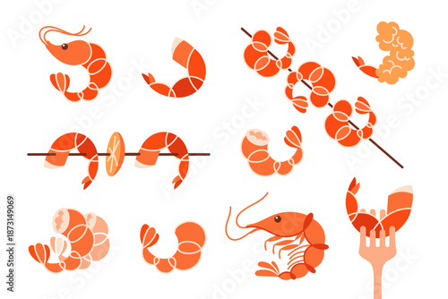 Cooked Prawn Shrimp on skewers, boiled and grilled seafood, and tempura icons. Delicious sea snacks. Flat minimalist design for menus, branding, packaging, ads.