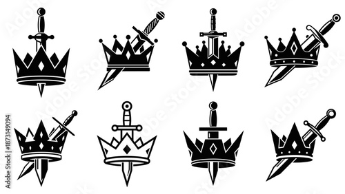 Set of eight black and white crown and dagger emblems.