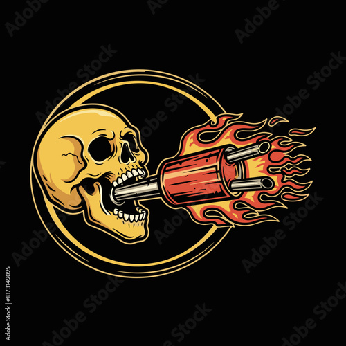 Skull Exhaling Fire From Exhaust Pipe.