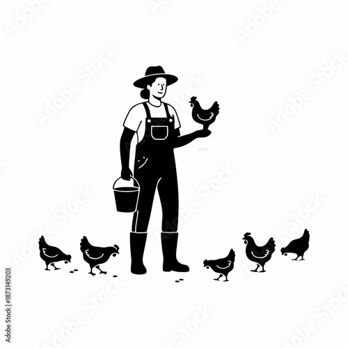 Vector silhouette illustration of a female farmer feeding chickens