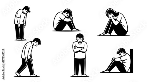 Monochromatic illustrations of people experiencing sadness and despair.