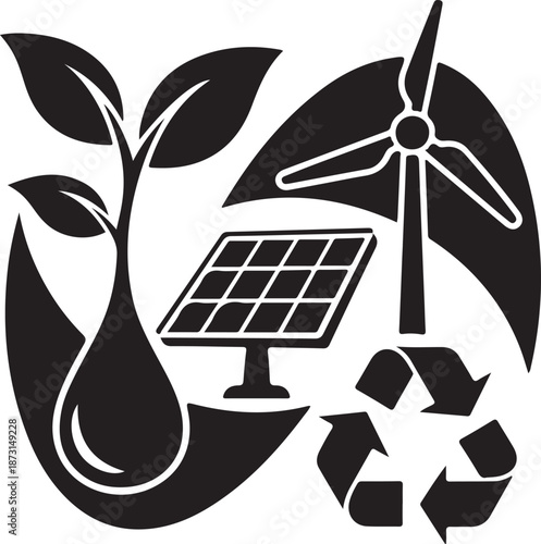 Renewable energy sources concept with solar panel wind turbine and recycling symbol together