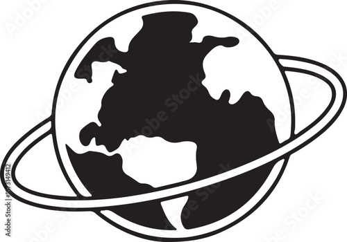 Simple black and white illustration of planet earth with rings in a graphic style