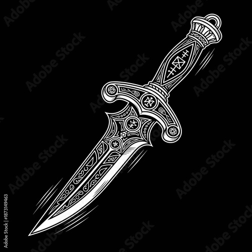 Intricately designed dagger with ornate handle and blade.