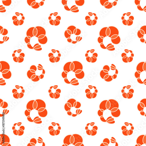 Seamless shrimp pattern. Seafood cartoon cooked ocean food. Fresh marine prawn. Red texture geometric design.