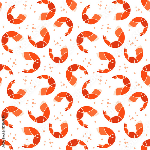 Pattern fried prawn food. Red shrimp seafood cartoon design. Tempura seamless pattern background.