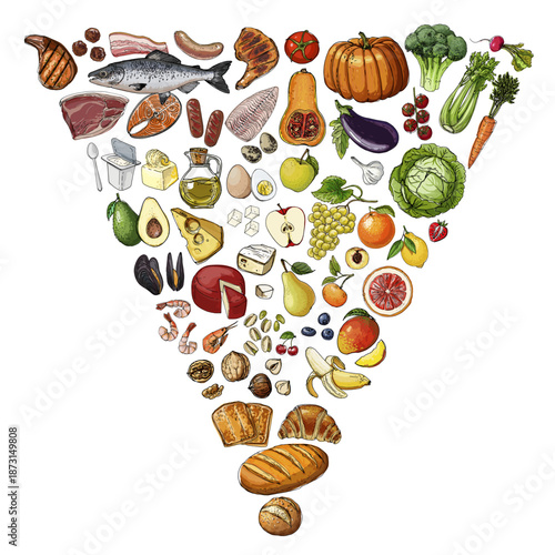 New Healthy Eating Pyramid. Colored food vector illustration, including vegetables and fruits, meat, and dairy products.