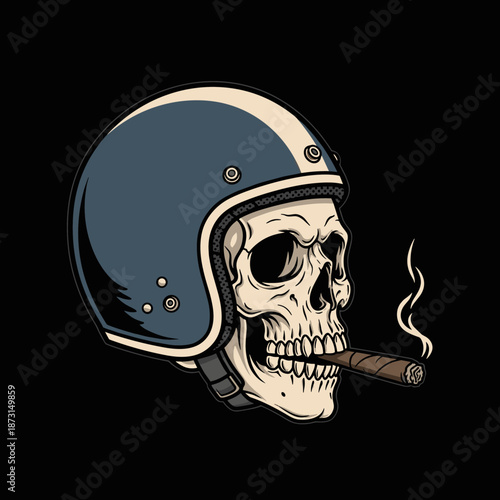 Skull wearing a retro motorcycle helmet and smoking a cigar.