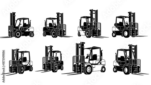 Collection of various forklift trucks in different styles and angles, essential for industrial and warehouse operations.