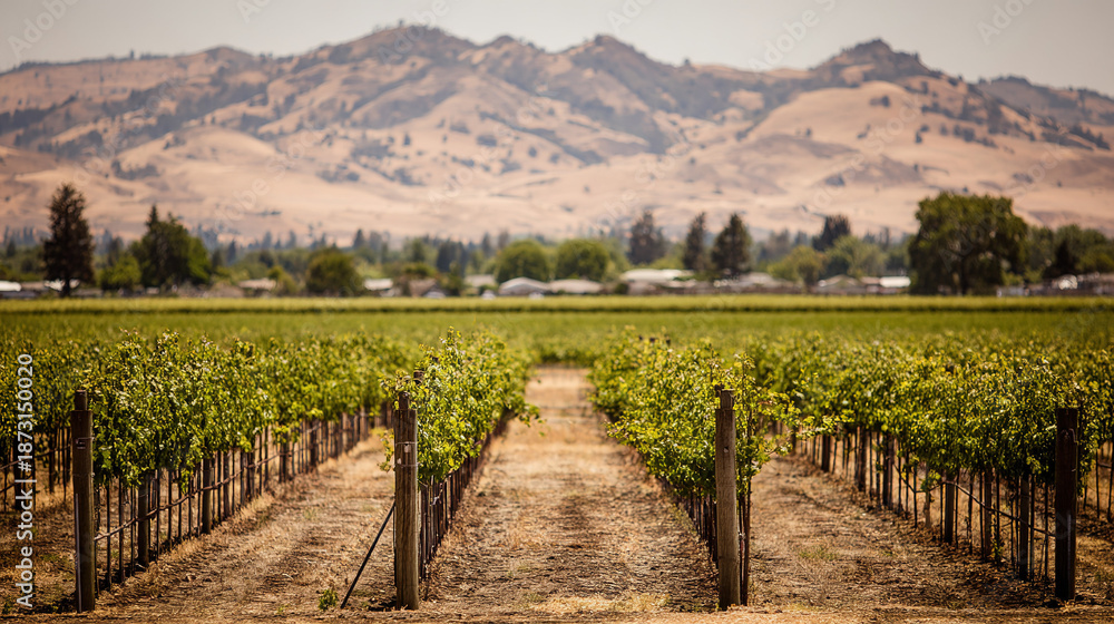 Fototapeta premium A picturesque vineyard bathed in golden sunlight, portraying tranquility and natural harmony. 