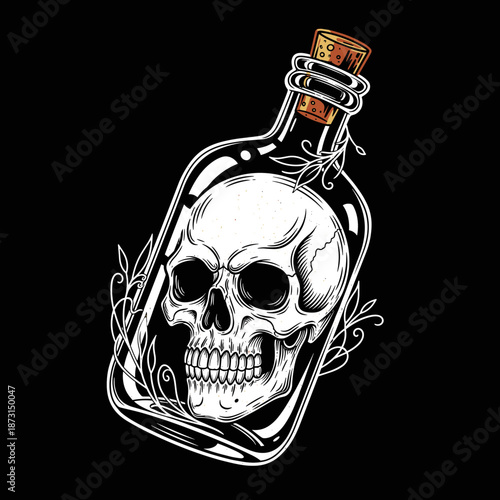 Skull in a bottle with decorative floral elements.