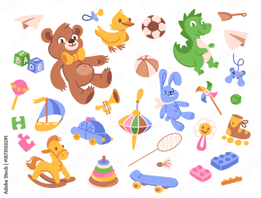 Fototapeta premium Cute kids toys flat set. Childish car, bear, music instruments, sport inventory, baby toys, characters. Colorful educational items games for children. Flat playful elements.