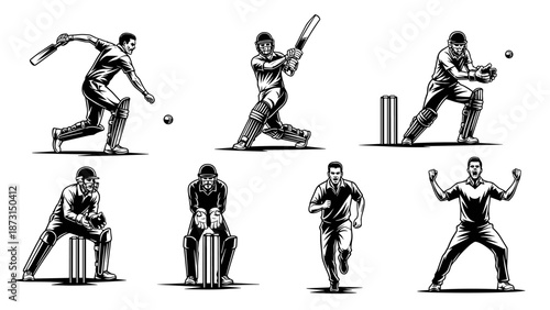 Dynamic Cricket Players in Various Action Poses, Hand-Drawn Style.
