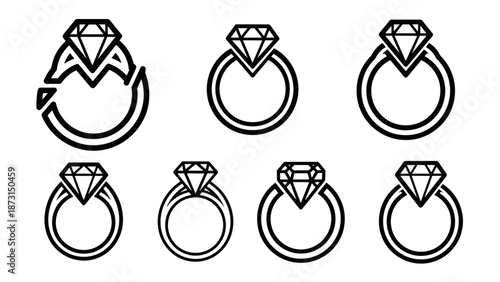 Collection of seven elegant diamond ring line art illustrations.