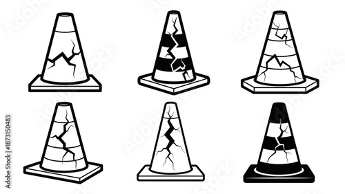 Collection of cracked traffic cones in various styles, black and white outline illustrations.