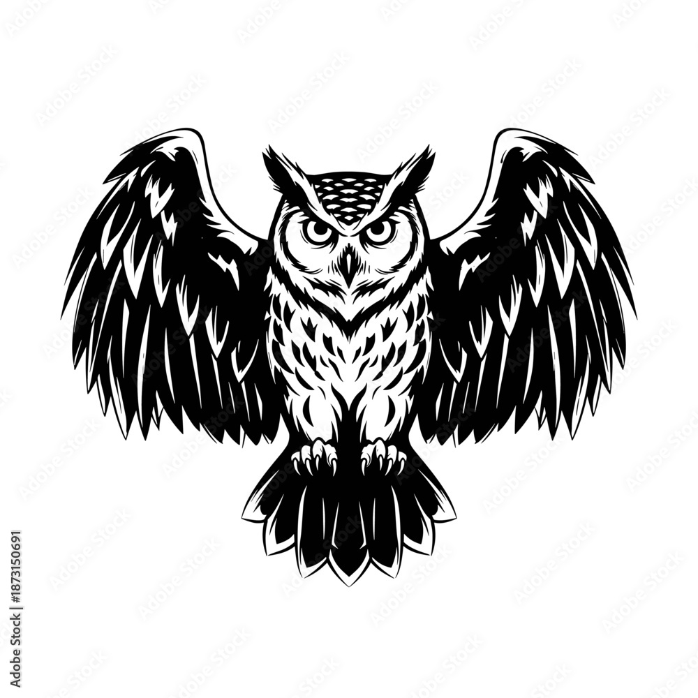 Fototapeta premium Majestic owl with spread wings in striking black and white illustration.
