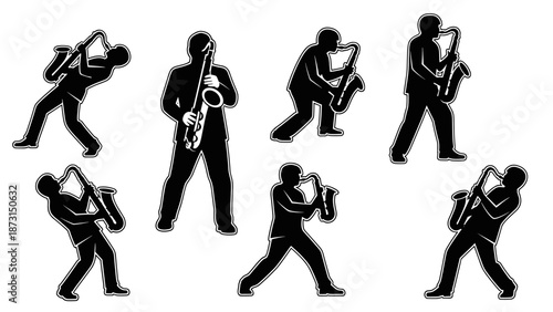 Silhouettes of various musicians playing the saxophone in different dynamic poses.
