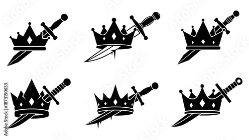 Set of six black and white crown and dagger illustrations, symbolizing power and conflict.