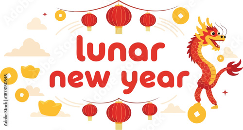 Exclusive 4K HD illustration of a vibrant dragon and lunar new year lanterns in 3D, celebrating Chinese New Year with a festive atmosphere and bright colors on a white background.