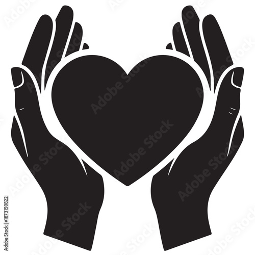 Black Silhouette of Hands Gently Holding a Heart Symbol