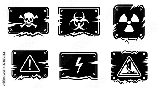 Set of six distressed black and white warning signs with various hazard symbols.
