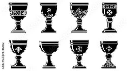 Collection of Eight Ornate Chalices and Goblets in Silhouette.