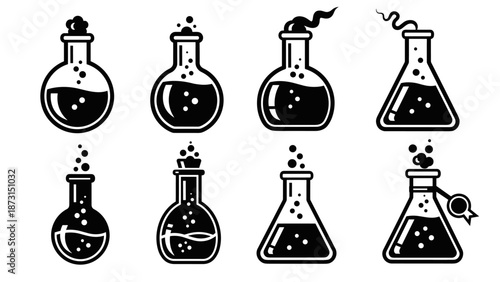 Collection of Various Chemistry Laboratory Flasks and Beakers.