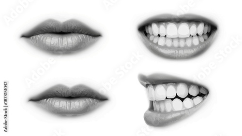 Set of woman lips retro halftone collage elements vector illustration pop art style. Mouths collection including scream, bite, and smile 