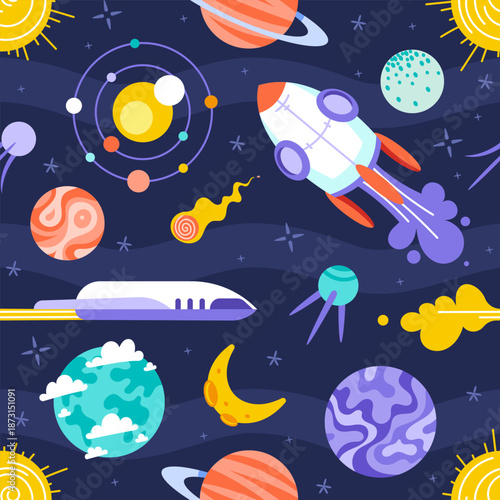 Rockets and planets seamless pattern. Dark background space doodle print. Stars, cute spaceships, Milky Way, galaxy. Colorful kids pattern.
