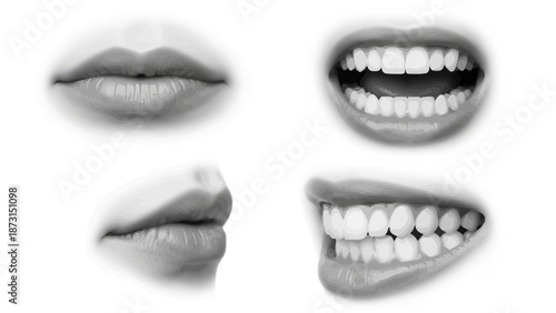 Set of woman lips retro halftone collage elements vector illustration pop art style. Mouths collection including scream, bite, and smile 