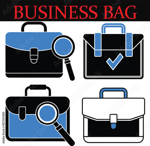 Business bag icons set with professional briefcases, magnifying glass for search, and checkmark for completion representing corporate finance and office tasks