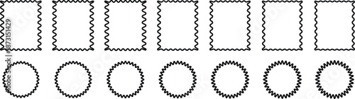 Set of scallop, zigzag, sunburst, starburst black outline frame. Flat style labels, stickers
