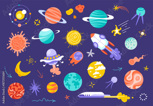 Space planets and galaxy elements. Science technology icon set. Spaceships, planets, meteors, stars in colorful kids pattern cartoon style. 