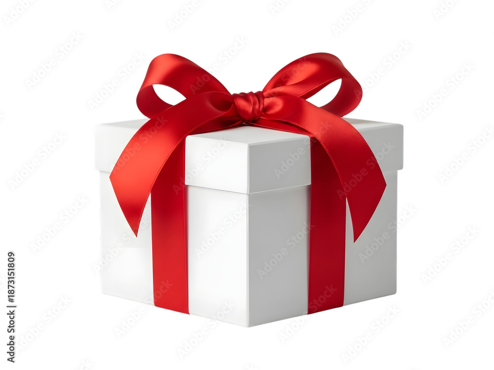Fototapeta premium Elegant white gift box with red bow isolated on transparent background, isolated on white background