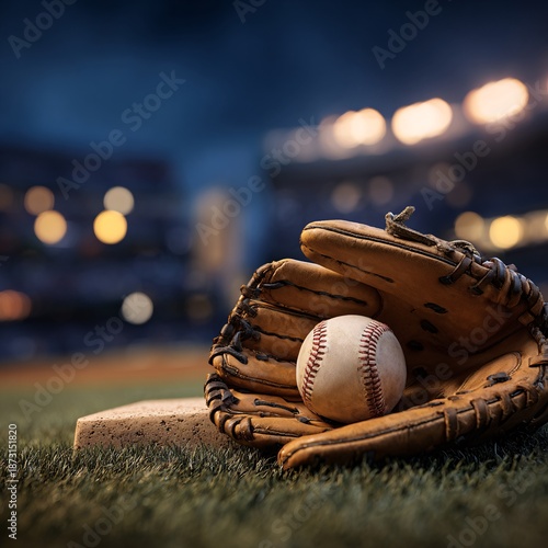 Closeup of a baseball resting in a glove during a little league game on a sunny day at the local sports field