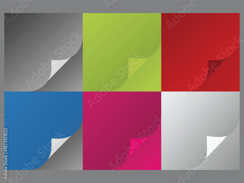 Six colored squares with curled corners on various backgrounds