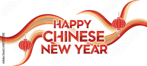 Exclusive 4K HD graphic design celebrating Chinese New Year or Lunar New Year with vibrant red lanterns and wavy ribbons on a white background.