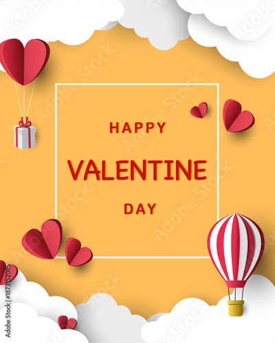 Valentine's Day paper art background collection. 3D paper cut style illustration with romantic hearts and hot air balloons on pastel sky