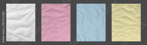 Set of paper white yellow blue and pink color backgrounds with crumpled texture. Vector realistic notebook design for craft, scrapbook or school collage and education on like transparent png bg.