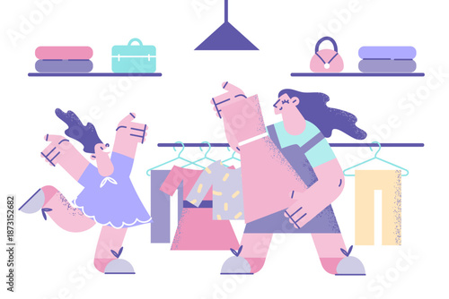 Happy mother and daughter clothes shopping together